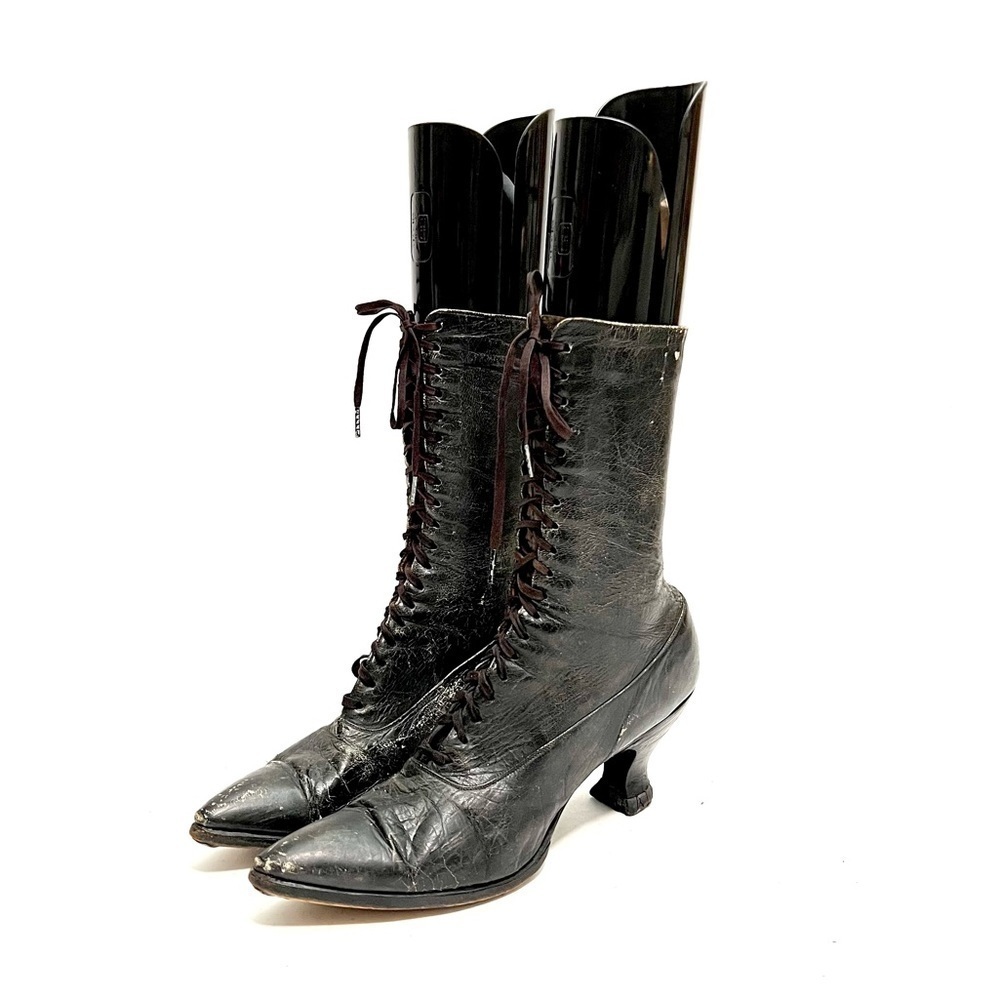 Antique 1910s vintage Edwardian black leather lace up French heel granny boots - Picture 7 of 9